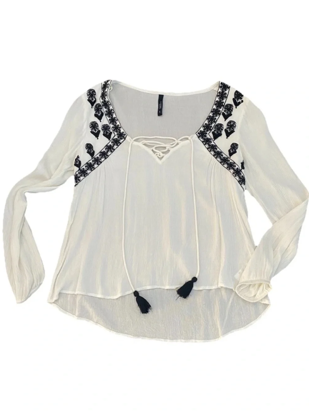 Tiffosi Women's Ivory Peasant Boho Blouse Top with Black Embroidery Women’s Sz S - Picture 7 of 16